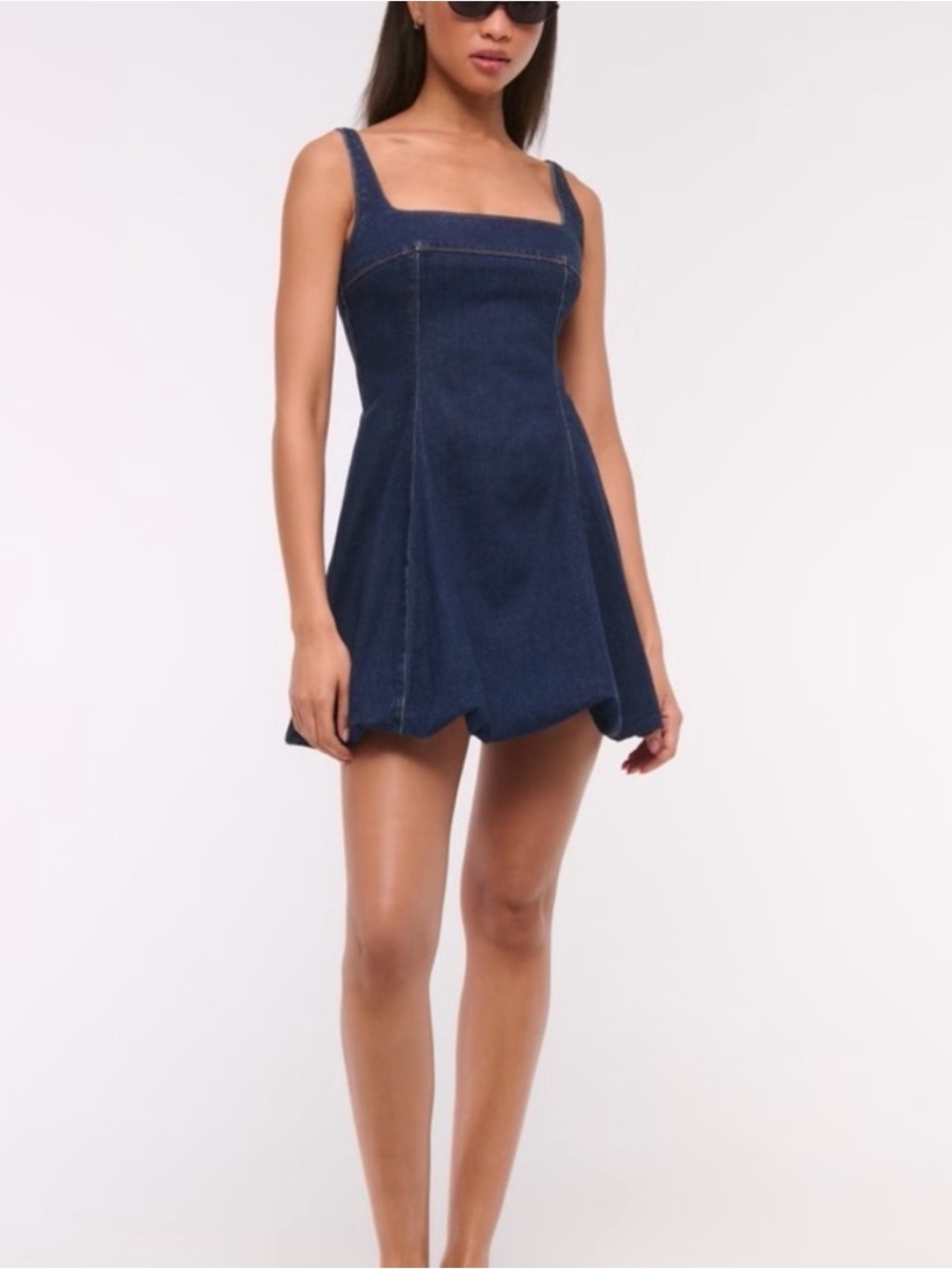 Abercrombie & Fitch Denim Square-Neck Bubble Hem Mini Dress